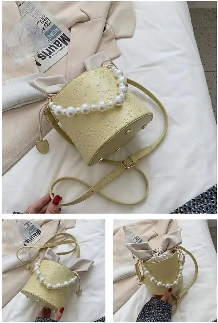 Pearl Chain Purse Clutch Bucket Handbag Women Girl Summer Chic Small Handbag Beach Bag Mini Shoulder Bag Evening Bag (02Yellow)