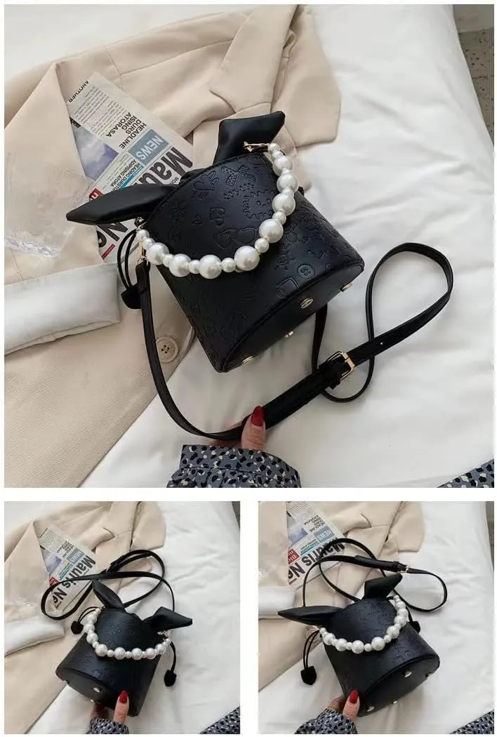 Pearl Chain Purse Clutch Bucket Handbag Women Girl Summer Chic Small Handbag Beach Bag Mini Shoulder Bag Evening Bag (03Black)