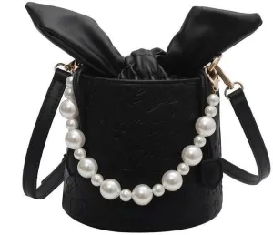 Pearl Chain Purse Clutch Bucket Handbag Women Girl Summer Chic Small Handbag Beach Bag Mini Shoulder Bag Evening Bag (03Black)