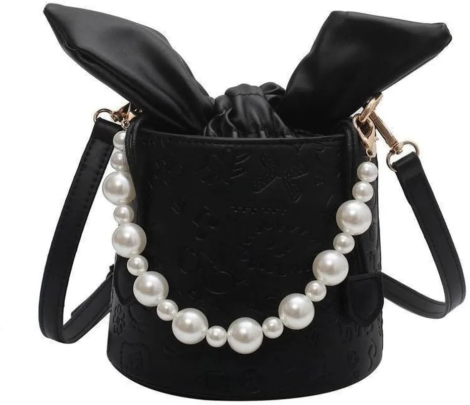 Pearl Chain Purse Clutch Bucket Handbag Women Girl Summer Chic Small Handbag Beach Bag Mini Shoulder Bag Evening Bag (03Black)
