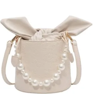 Pearl Chain Purse Clutch Bucket Handbag Women Girl Summer Chic Small Handbag Beach Bag Mini Shoulder Bag Evening Bag (04Beige)