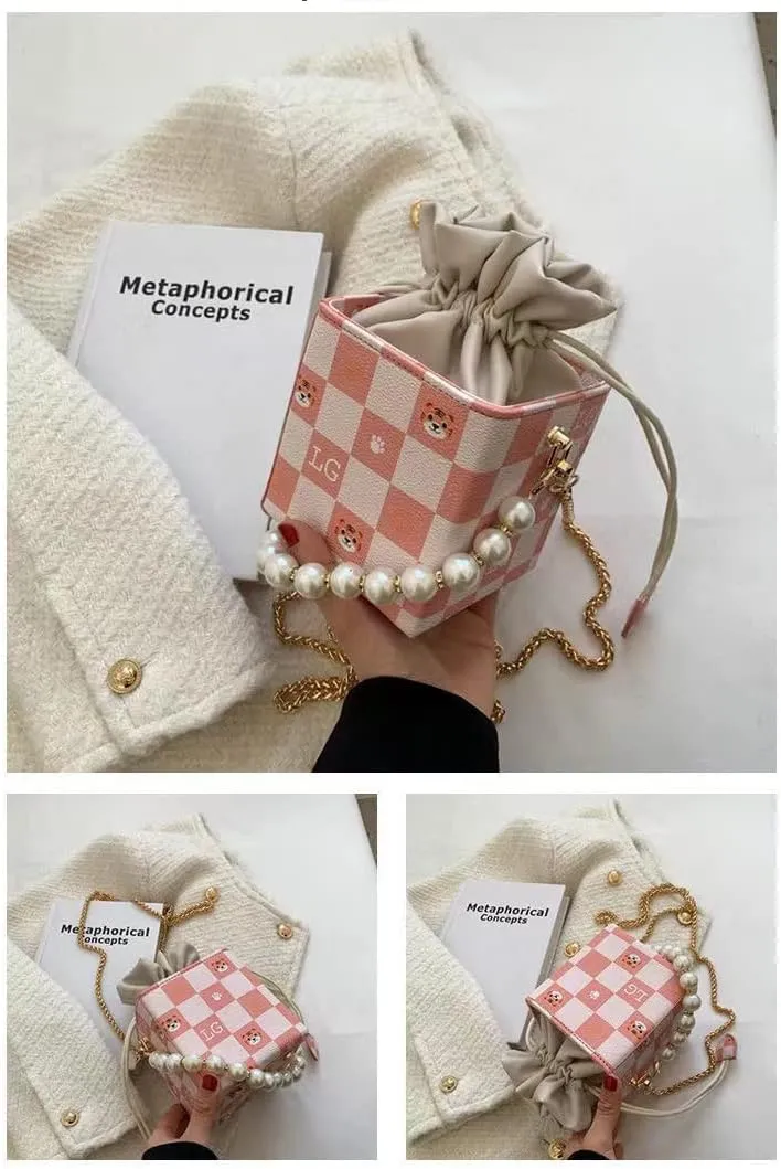 Pearl Chain Purse Clutch Bucket Handbag Women Girl Summer Chic Small Handbag Beach Bag Mini Shoulder Bag Evening Bag (06Pink)