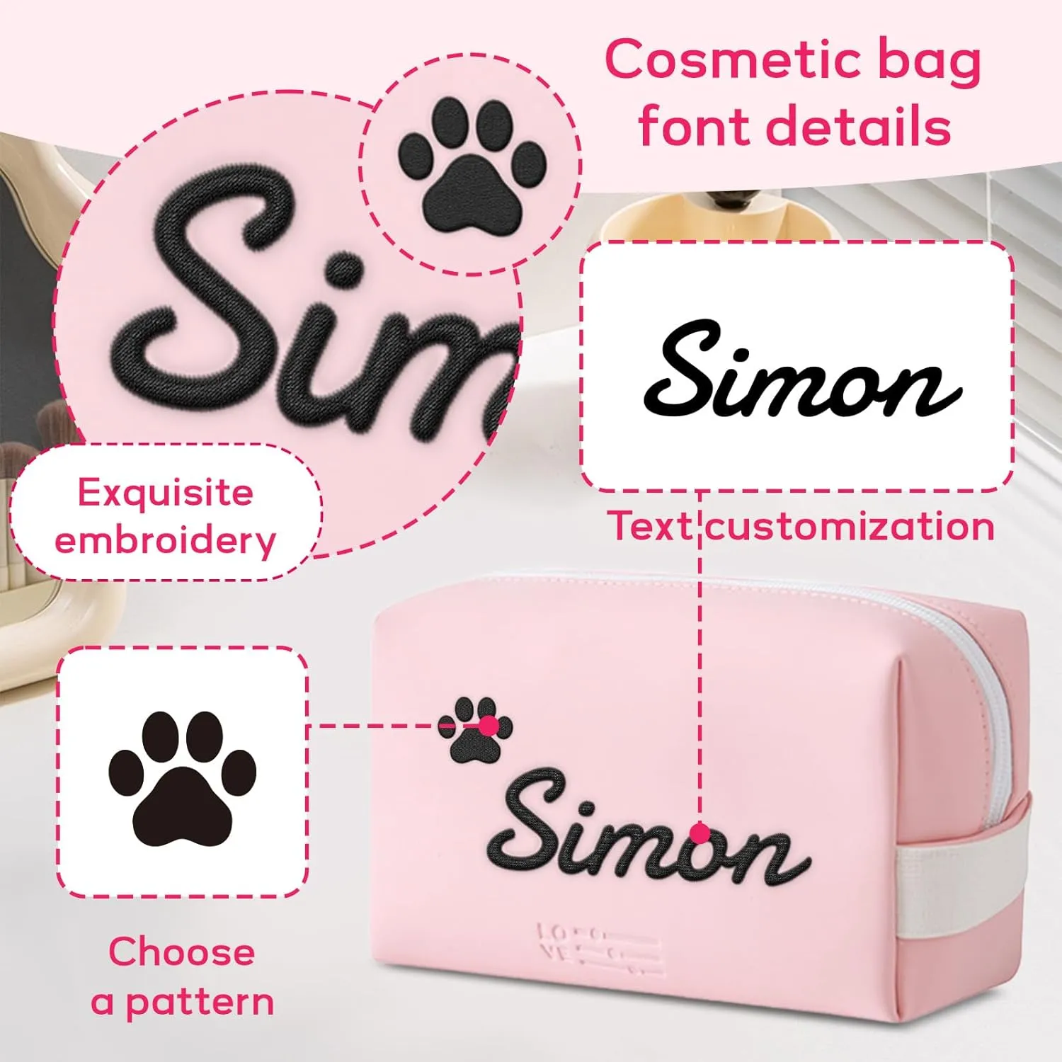 Personalized Makeup Bag, Custom Cosmetic Bag with Embroidered Name PU Leather Travel Organizer Toiletry Bag Make Up Bags, Gift for Bridesmaid Bride Wedding (Pink)