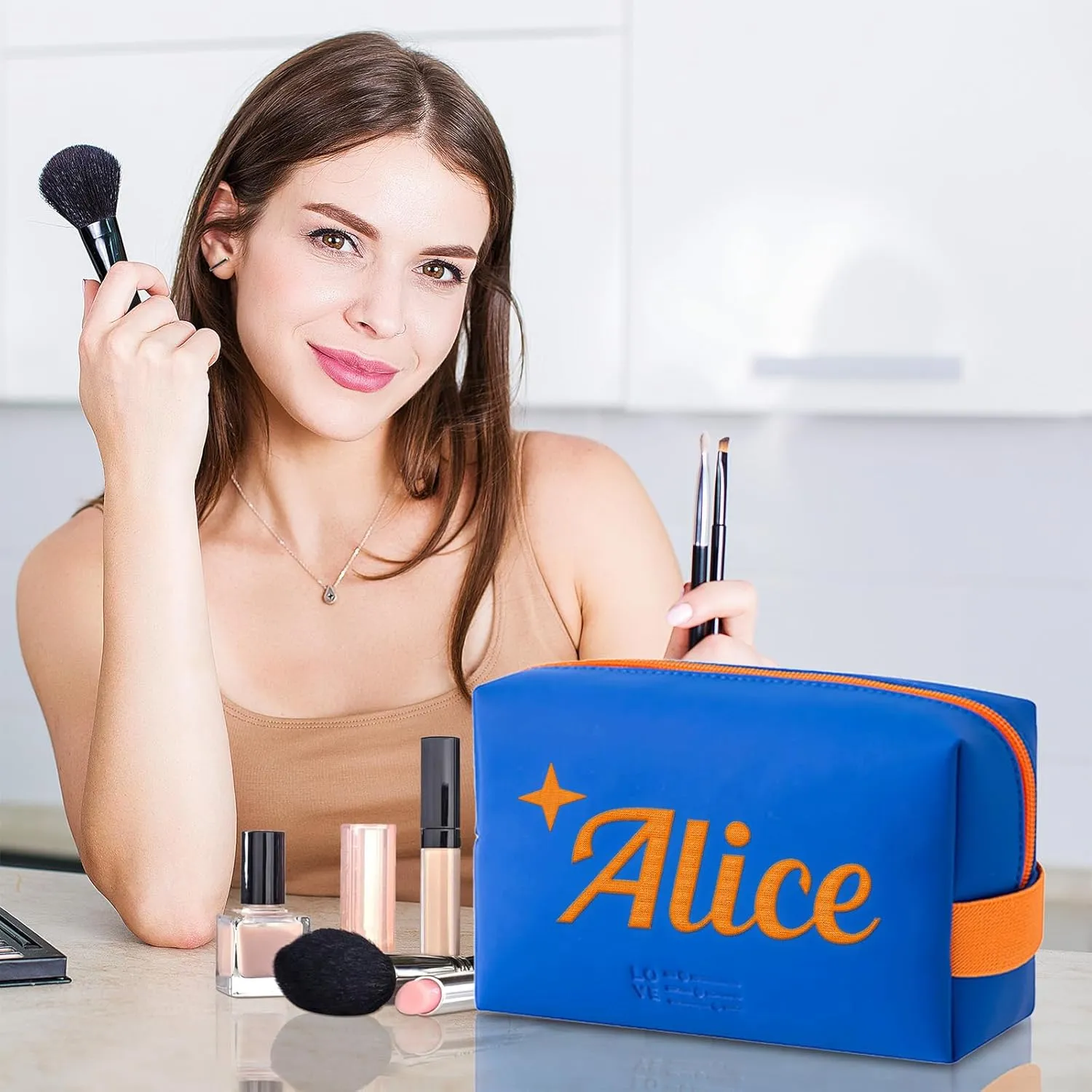 Personalized Makeup Bag, Custom Cosmetic Bag with Embroidered Name PU Leather Travel Organizer Toiletry Bag Make Up Bags, Gift for Bridesmaid Bride Wedding (Royal Blue)