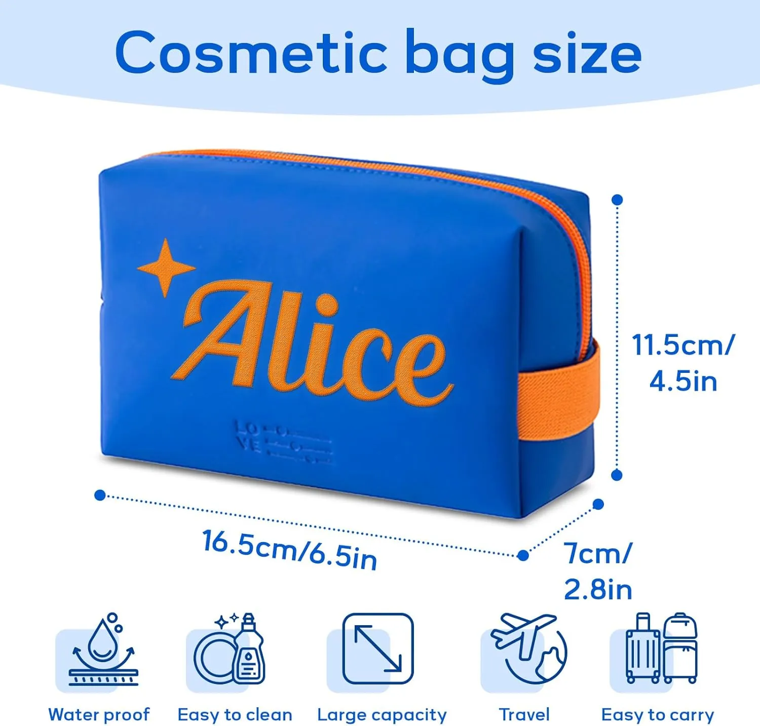 Personalized Makeup Bag, Custom Cosmetic Bag with Embroidered Name PU Leather Travel Organizer Toiletry Bag Make Up Bags, Gift for Bridesmaid Bride Wedding (Royal Blue)