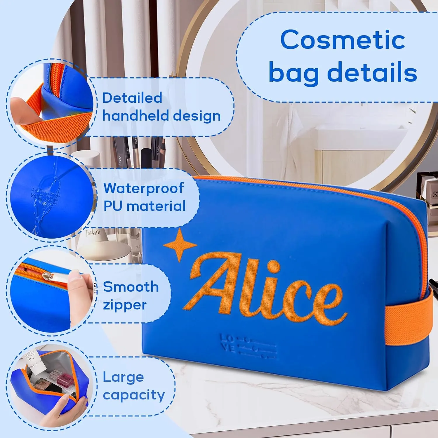 Personalized Makeup Bag, Custom Cosmetic Bag with Embroidered Name PU Leather Travel Organizer Toiletry Bag Make Up Bags, Gift for Bridesmaid Bride Wedding (Royal Blue)