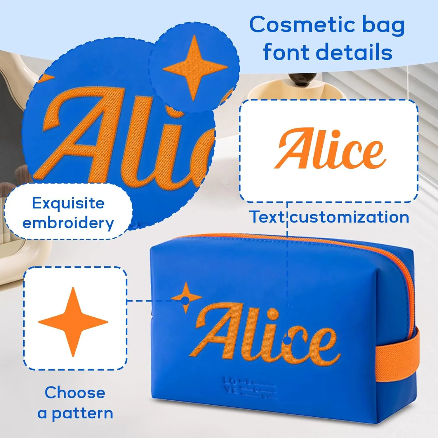Personalized Makeup Bag, Custom Cosmetic Bag with Embroidered Name PU Leather Travel Organizer Toiletry Bag Make Up Bags, Gift for Bridesmaid Bride Wedding (Royal Blue)