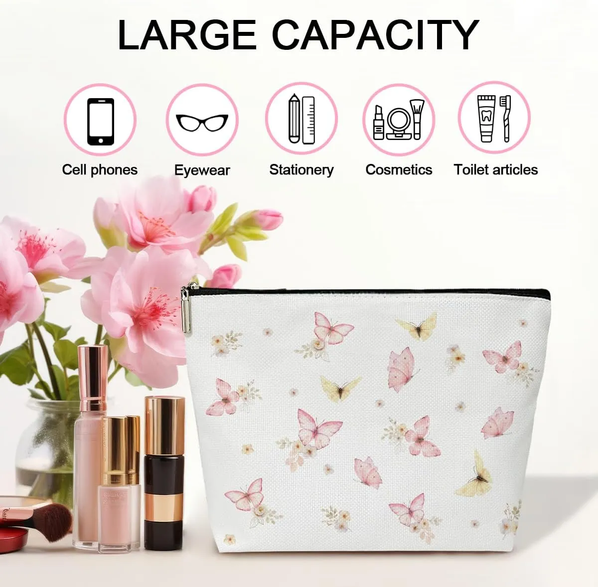 Pink Butterfly Cosmetic Bag for Women Butterfly Make up Bag with Zipper Travel Toiletry Bag with Lining Appreciation Gifts for Butterfly Lovers Butterfly Gifts for Women Friends Coworkers - M743