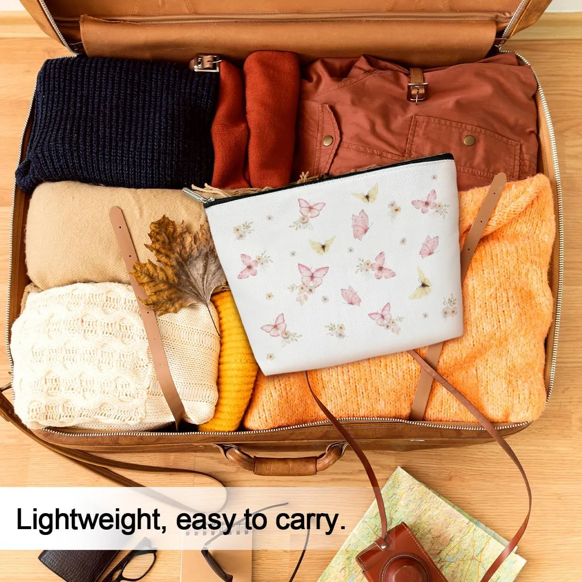 Pink Butterfly Cosmetic Bag for Women Butterfly Make up Bag with Zipper Travel Toiletry Bag with Lining Appreciation Gifts for Butterfly Lovers Butterfly Gifts for Women Friends Coworkers - M743