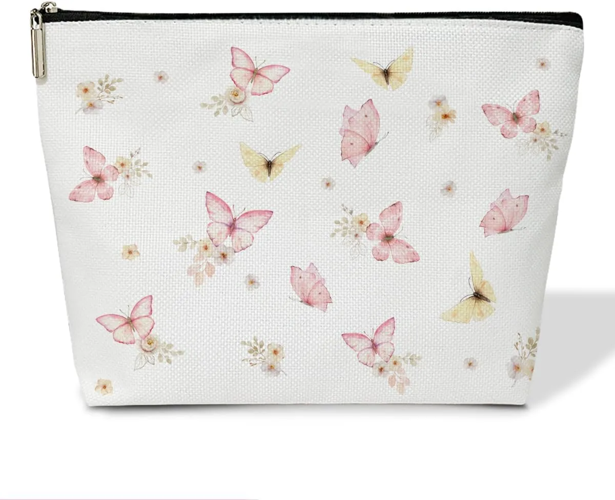 Pink Butterfly Cosmetic Bag for Women Butterfly Make up Bag with Zipper Travel Toiletry Bag with Lining Appreciation Gifts for Butterfly Lovers Butterfly Gifts for Women Friends Coworkers - M743