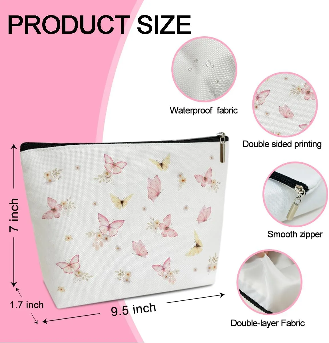 Pink Butterfly Cosmetic Bag for Women Butterfly Make up Bag with Zipper Travel Toiletry Bag with Lining Appreciation Gifts for Butterfly Lovers Butterfly Gifts for Women Friends Coworkers - M743