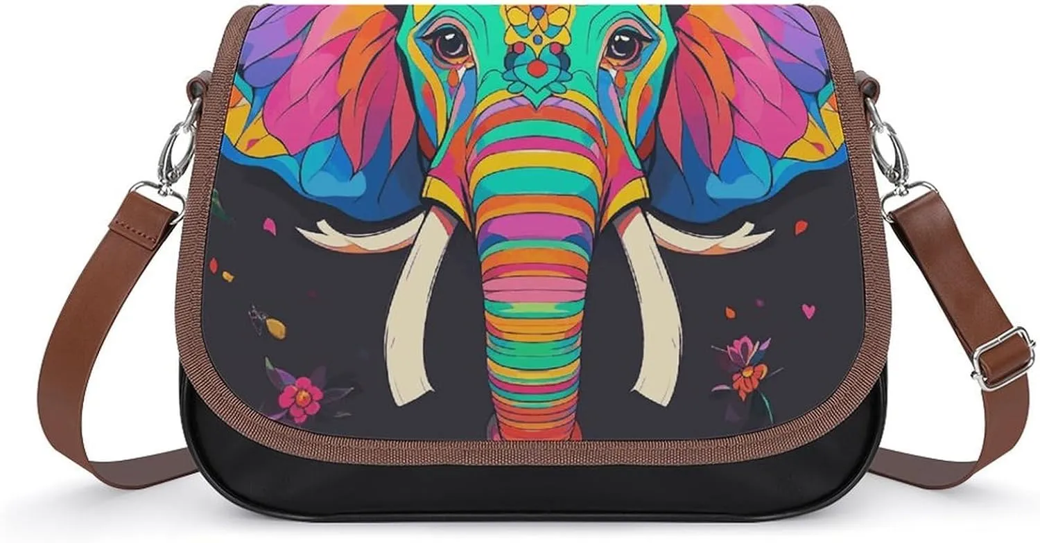 PU Leather Crossbody Bag Colorful Flower Elephant Print Flapover Tote Bag Shoulder Handbag Purse for Women with Adjustable Strap