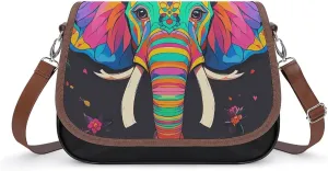 PU Leather Crossbody Bag Colorful Flower Elephant Print Flapover Tote Bag Shoulder Handbag Purse for Women with Adjustable Strap