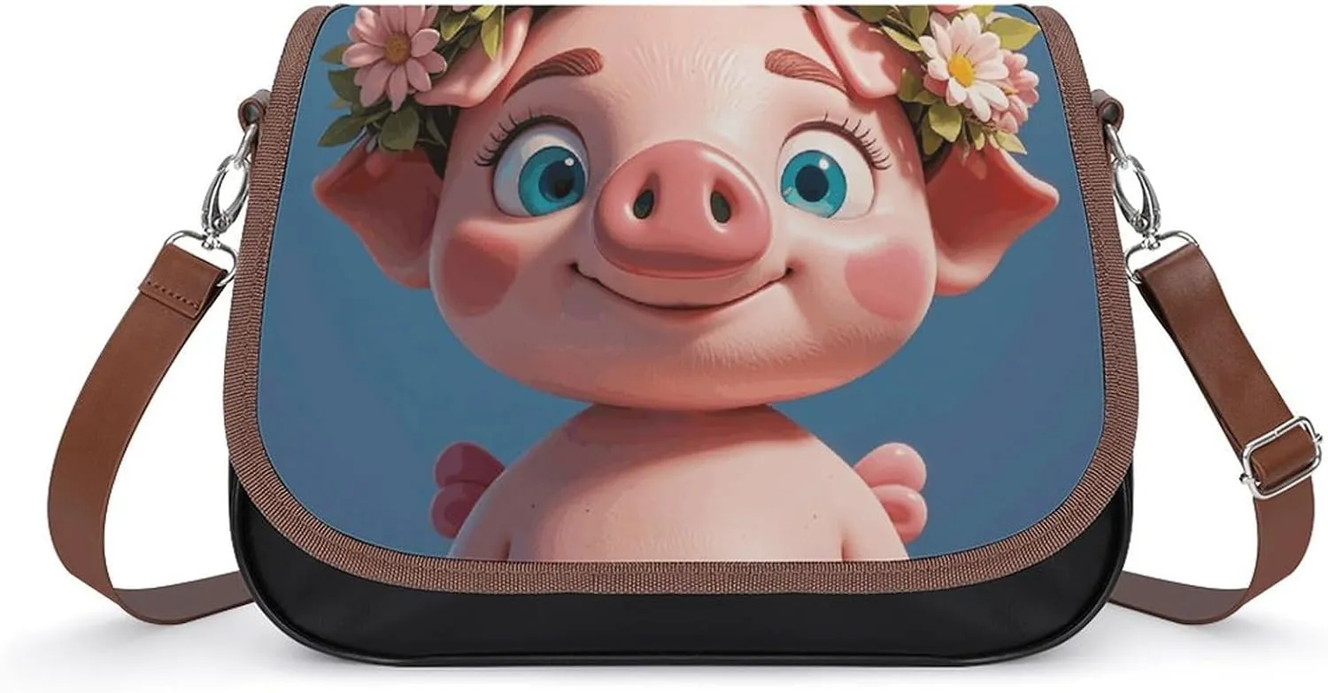 PU Leather Crossbody Bag Cute Piglet with Wreath Print Flapover Tote Bag Shoulder Handbag Purse for Women with Adjustable Strap