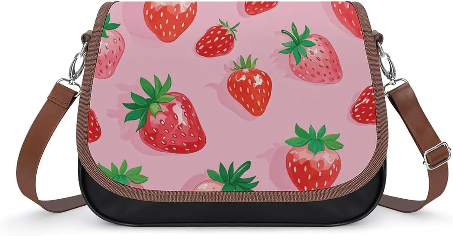 PU Leather Crossbody Bag Cute Strawberry Print Flapover Tote Bag Shoulder Handbag Purse for Women with Adjustable Strap