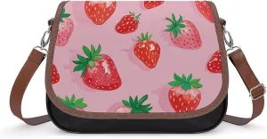 PU Leather Crossbody Bag Cute Strawberry Print Flapover Tote Bag Shoulder Handbag Purse for Women with Adjustable Strap