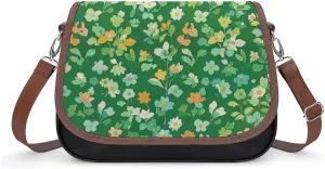 PU Leather Crossbody Bag Green Floral Print Flapover Tote Bag Shoulder Handbag Purse for Women with Adjustable Strap