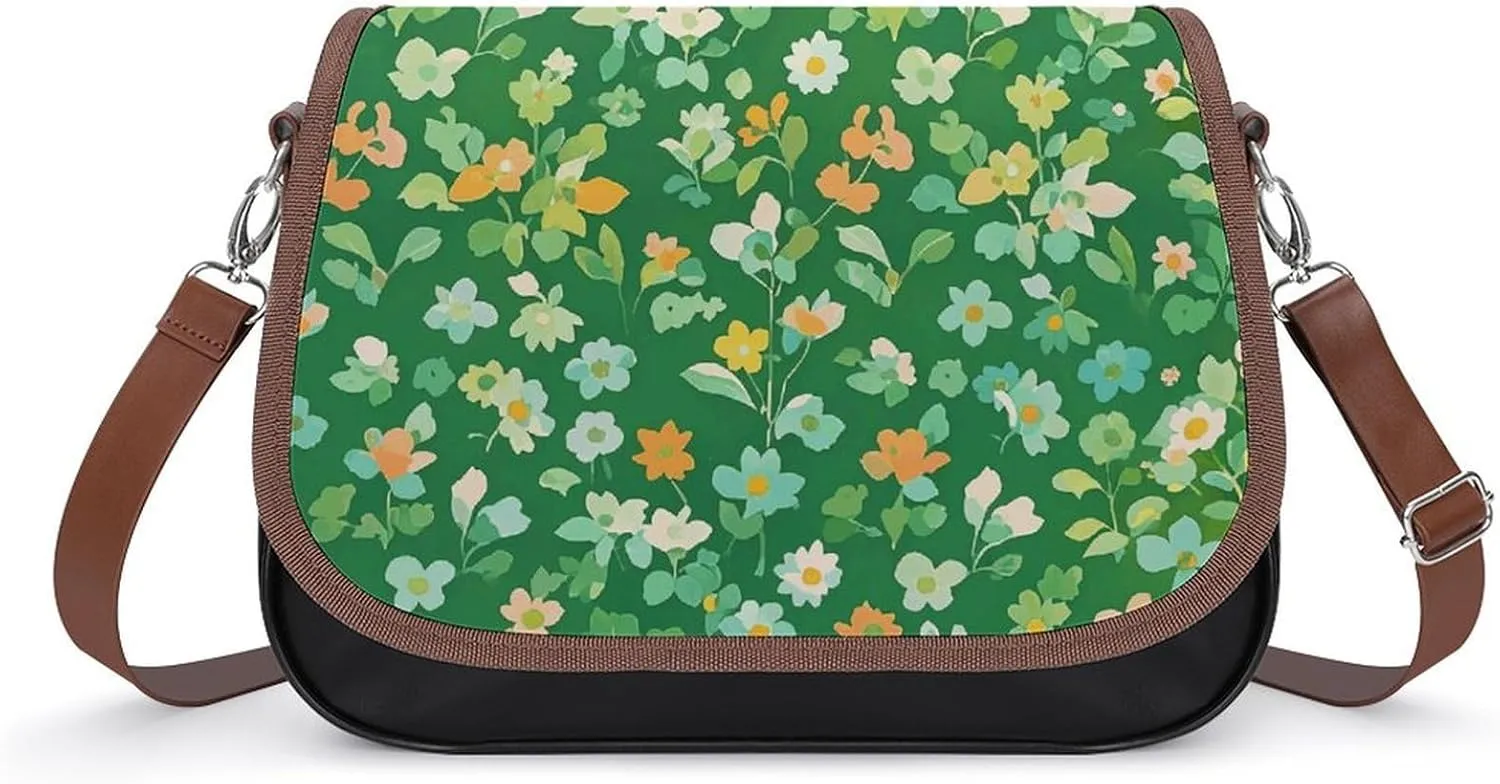 PU Leather Crossbody Bag Green Floral Print Flapover Tote Bag Shoulder Handbag Purse for Women with Adjustable Strap