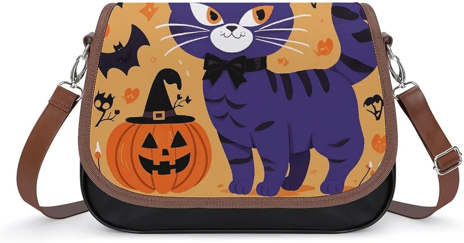 PU Leather Crossbody Bag Halloween Cat Print Flapover Tote Bag Shoulder Handbag Purse for Women with Adjustable Strap