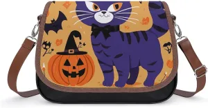 PU Leather Crossbody Bag Halloween Cat Print Flapover Tote Bag Shoulder Handbag Purse for Women with Adjustable Strap