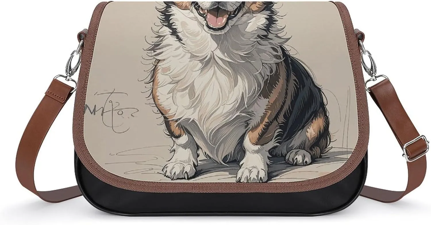 PU Leather Crossbody Bag Hand Drawn Sketch Corgi Print Flapover Tote Bag Shoulder Handbag Purse for Women with Adjustable Strap