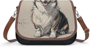 PU Leather Crossbody Bag Hand Drawn Sketch Corgi Print Flapover Tote Bag Shoulder Handbag Purse for Women with Adjustable Strap