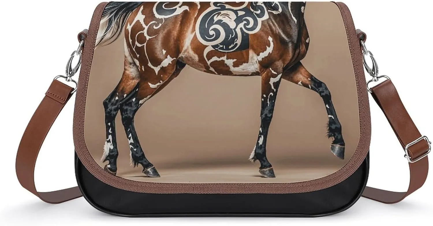 PU Leather Crossbody Bag Horse Print Flapover Tote Bag Shoulder Handbag Purse for Women with Adjustable Strap