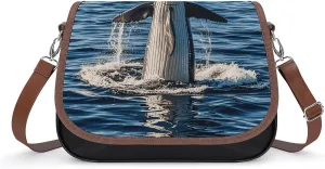 PU Leather Crossbody Bag Humpback Whale Academy Print Flapover Tote Bag Shoulder Handbag Purse for Women with Adjustable Strap