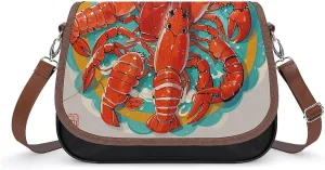 PU Leather Crossbody Bag Lobster Picture Print Flapover Tote Bag Shoulder Handbag Purse for Women with Adjustable Strap