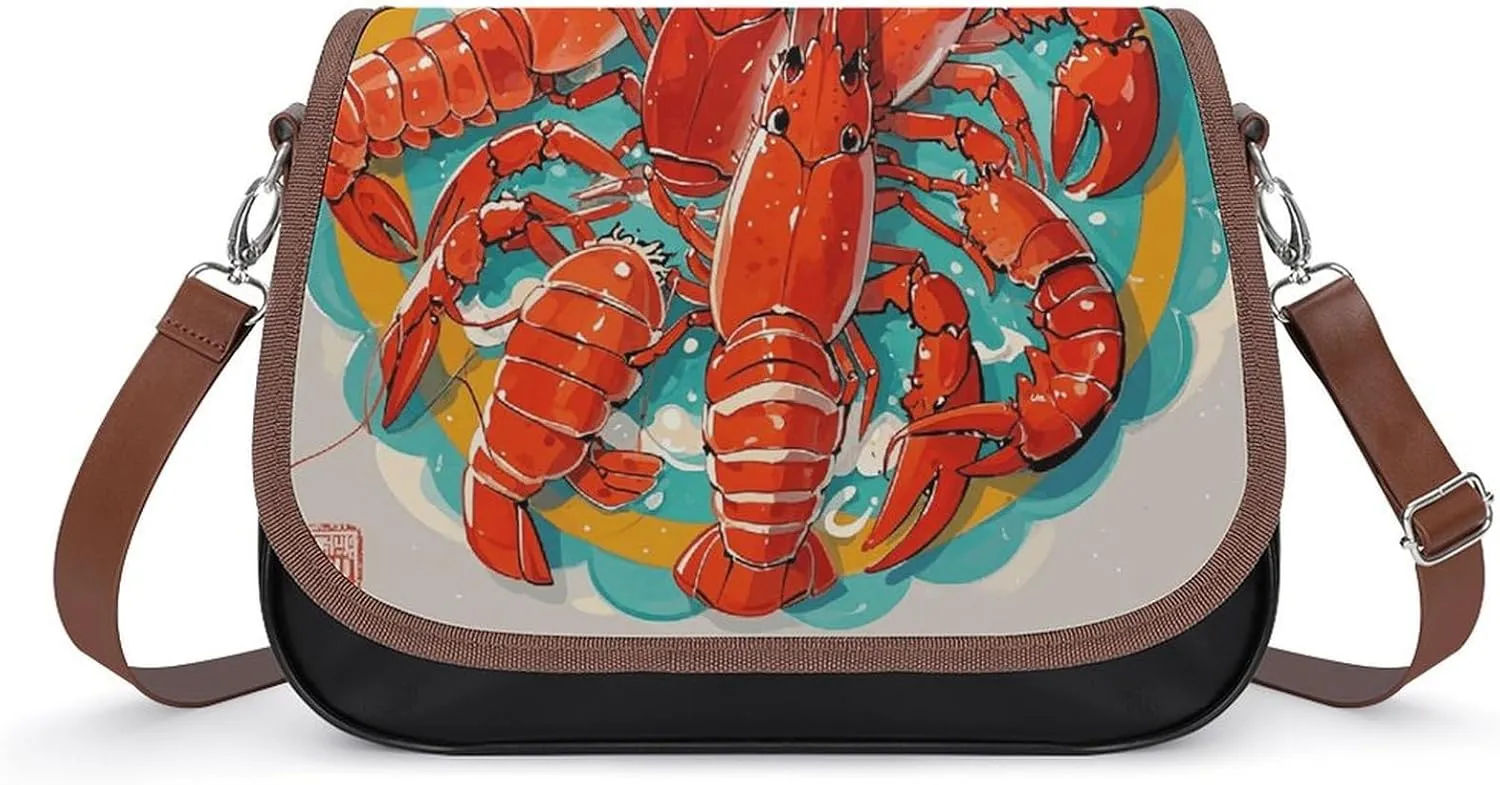 PU Leather Crossbody Bag Lobster Picture Print Flapover Tote Bag Shoulder Handbag Purse for Women with Adjustable Strap
