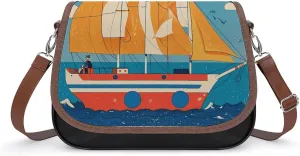 PU Leather Crossbody Bag Nautical Elements Print Flapover Tote Bag Shoulder Handbag Purse for Women with Adjustable Strap