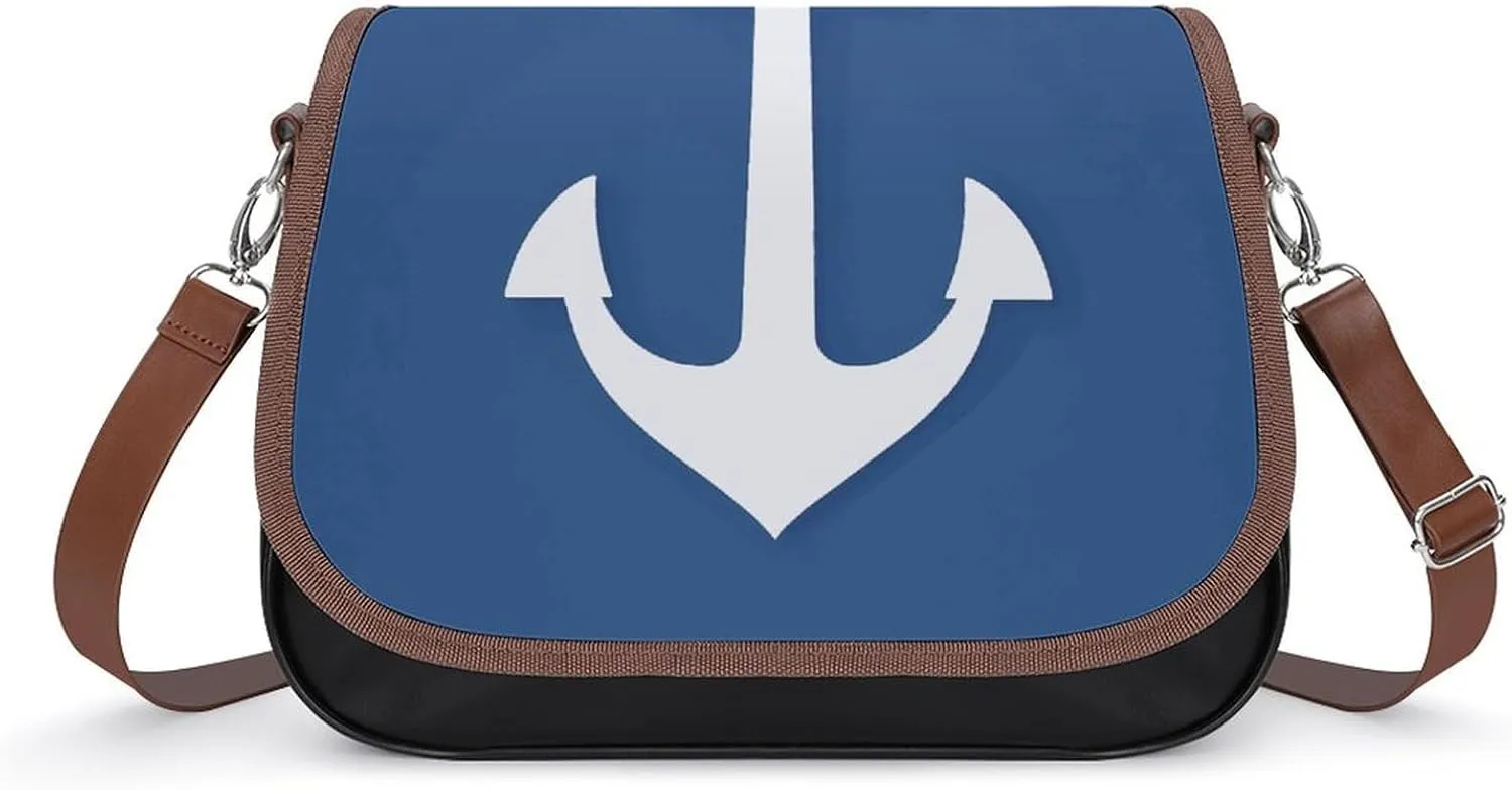 PU Leather Crossbody Bag Nautical White Anchor Pattern Print Flapover Tote Bag Shoulder Handbag Purse for Women with Adjustable Strap