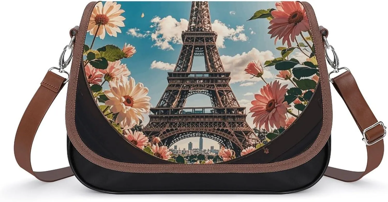 PU Leather Crossbody Bag Paris Eiffel Tower Theme Print Flapover Tote Bag Shoulder Handbag Purse for Women with Adjustable Strap