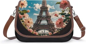 PU Leather Crossbody Bag Paris Eiffel Tower Theme Print Flapover Tote Bag Shoulder Handbag Purse for Women with Adjustable Strap
