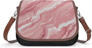 PU Leather Crossbody Bag Pink Marble Print Flapover Tote Bag Shoulder Handbag Purse for Women with Adjustable Strap