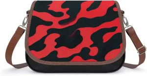 PU Leather Crossbody Bag Red And Black Camouflage Print Flapover Tote Bag Shoulder Handbag Purse for Women with Adjustable Strap