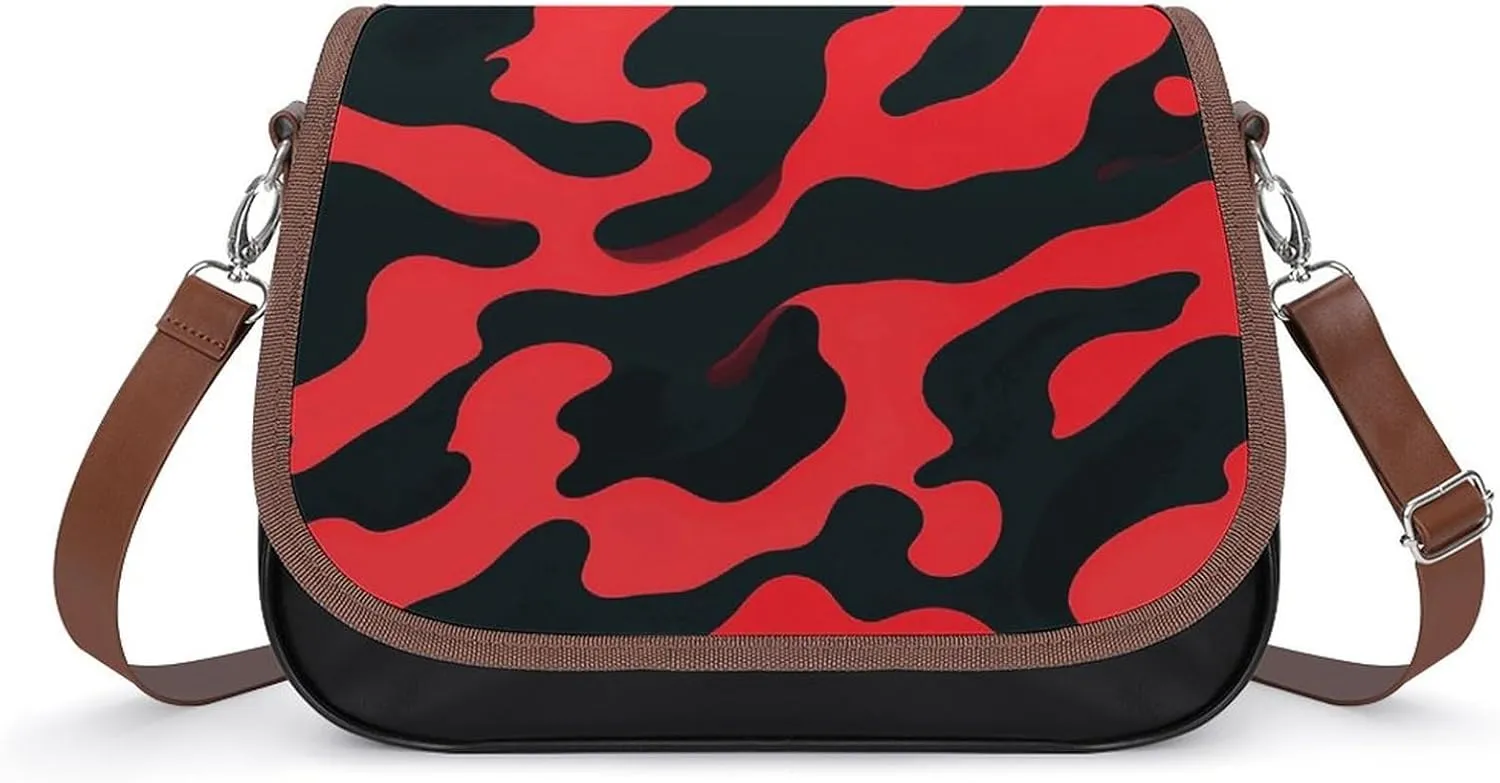 PU Leather Crossbody Bag Red And Black Camouflage Print Flapover Tote Bag Shoulder Handbag Purse for Women with Adjustable Strap