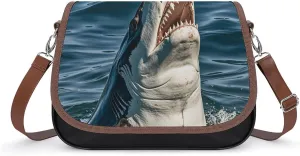 PU Leather Crossbody Bag Shark Bites Print Flapover Tote Bag Shoulder Handbag Purse for Women with Adjustable Strap
