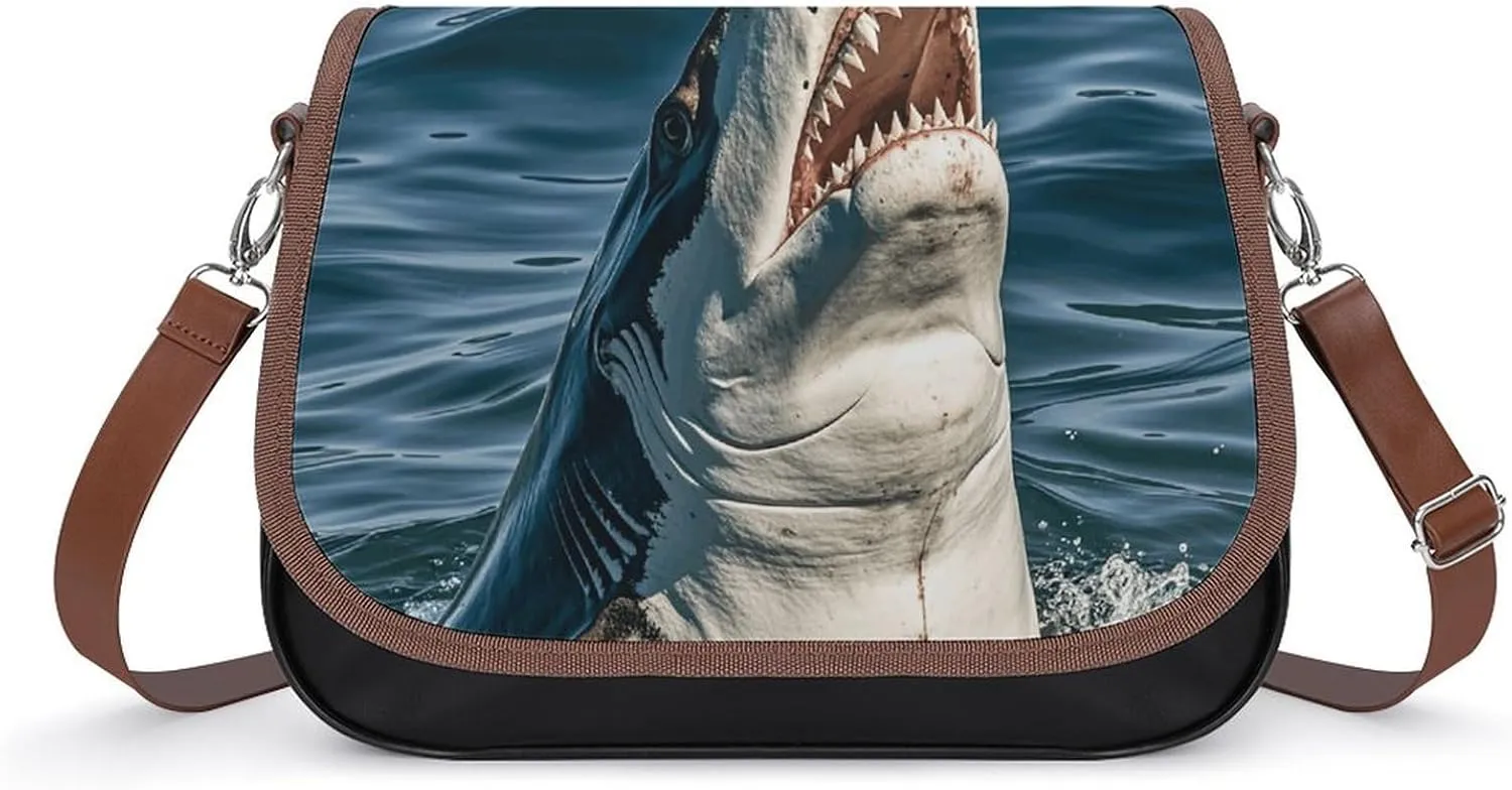 PU Leather Crossbody Bag Shark Bites Print Flapover Tote Bag Shoulder Handbag Purse for Women with Adjustable Strap