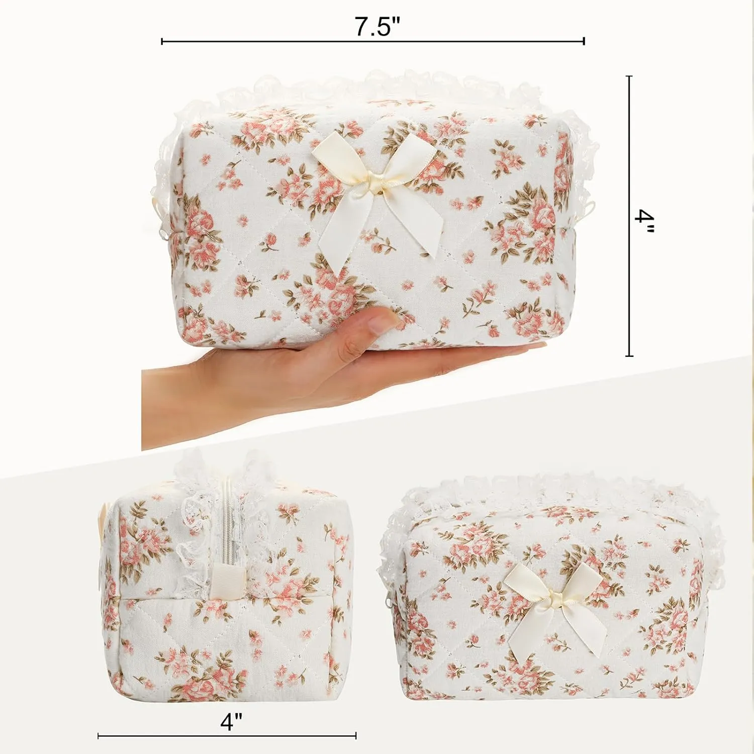 Quilted Makeup Bag Small Cotton Floral Cosmetic Makeup Bag Organizer, Aesthetic Portable Pouch Purse Toiletry Bag for Women Girls