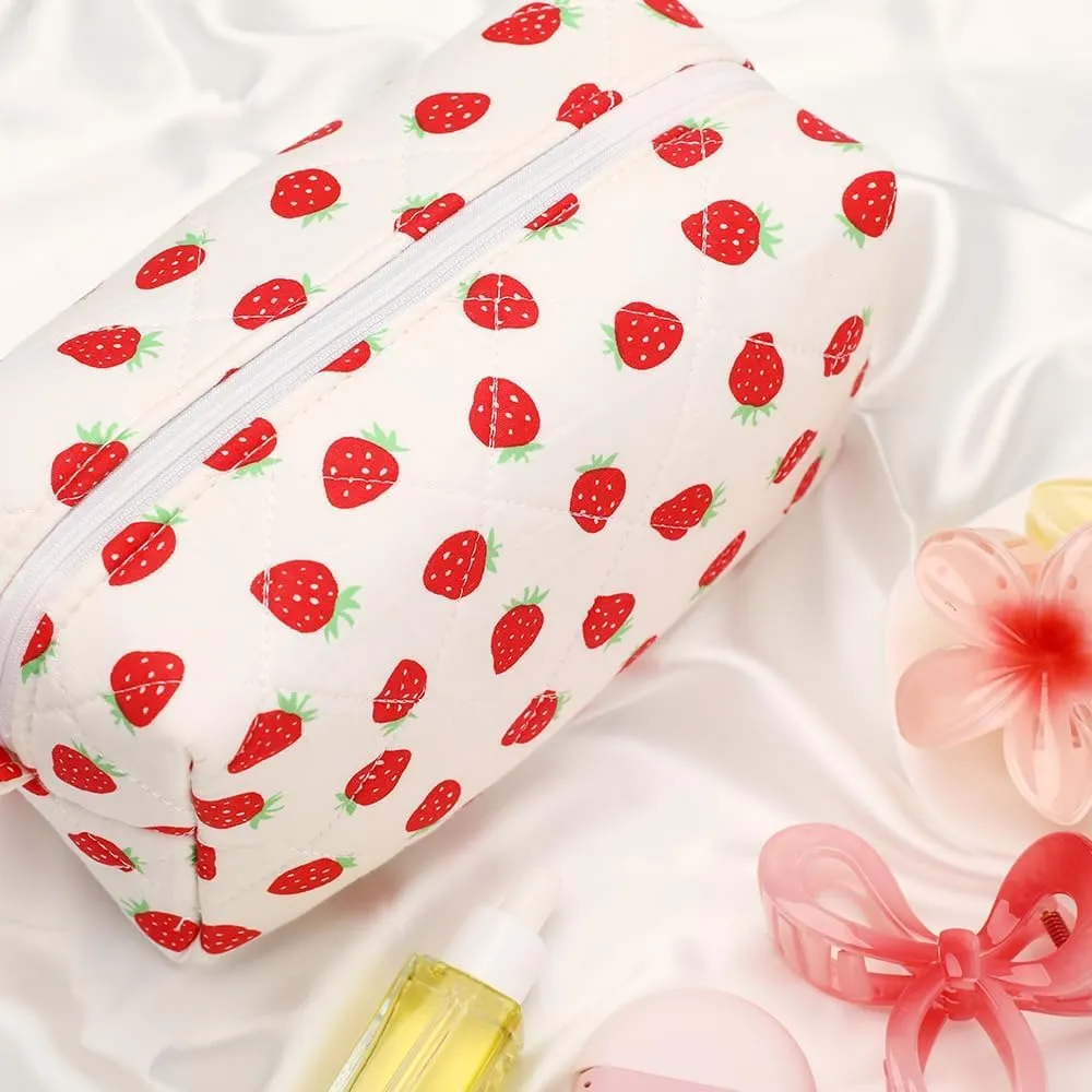 Quilted Makeup Bag Small Cotton Floral Cosmetic Makeup Bag Organizer, Aesthetic Portable Pouch Purse Toiletry Bag for Women Girls