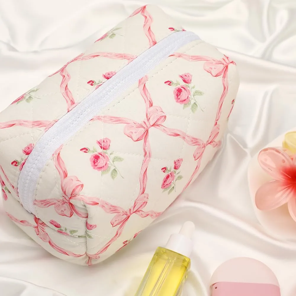 Quilted Makeup Bag Small Cotton Floral Cosmetic Makeup Bag Organizer, Aesthetic Portable Pouch Purse Toiletry Bag for Women Girls