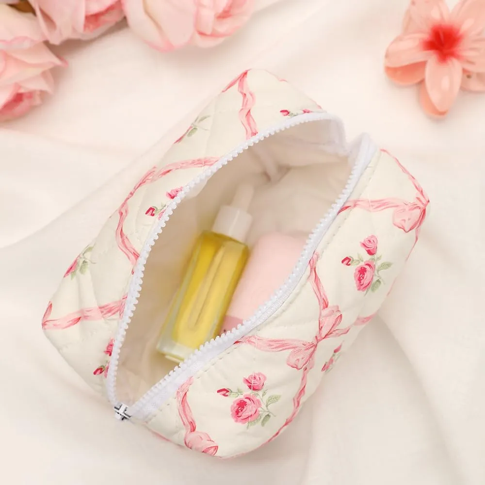 Quilted Makeup Bag Small Cotton Floral Cosmetic Makeup Bag Organizer, Aesthetic Portable Pouch Purse Toiletry Bag for Women Girls