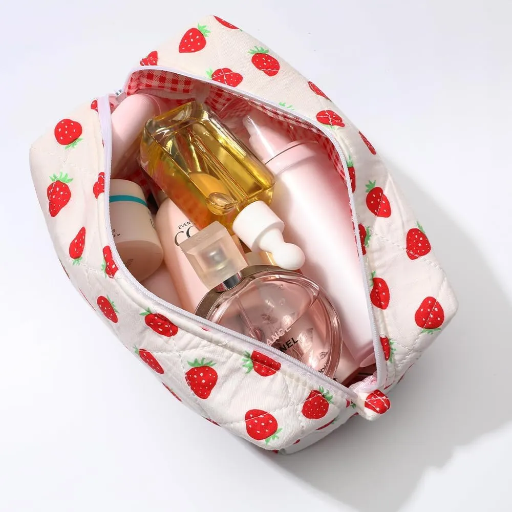 Quilted Makeup Bag Small Cotton Floral Cosmetic Makeup Bag Organizer, Aesthetic Portable Pouch Purse Toiletry Bag for Women Girls