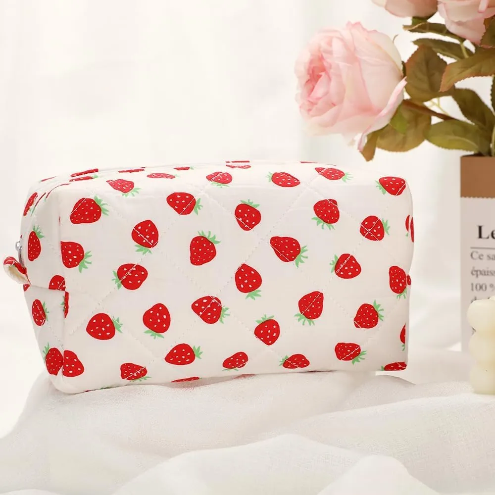 Quilted Makeup Bag Small Cotton Floral Cosmetic Makeup Bag Organizer, Aesthetic Portable Pouch Purse Toiletry Bag for Women Girls