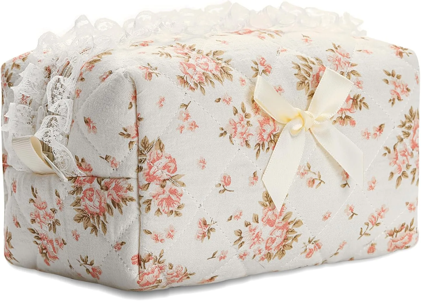 Quilted Makeup Bag Small Cotton Floral Cosmetic Makeup Bag Organizer, Aesthetic Portable Pouch Purse Toiletry Bag for Women Girls