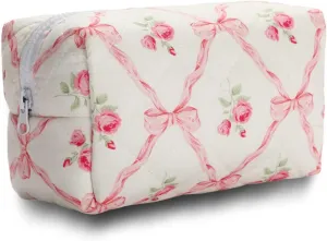 Quilted Makeup Bag Small Cotton Floral Cosmetic Makeup Bag Organizer, Aesthetic Portable Pouch Purse Toiletry Bag for Women Girls