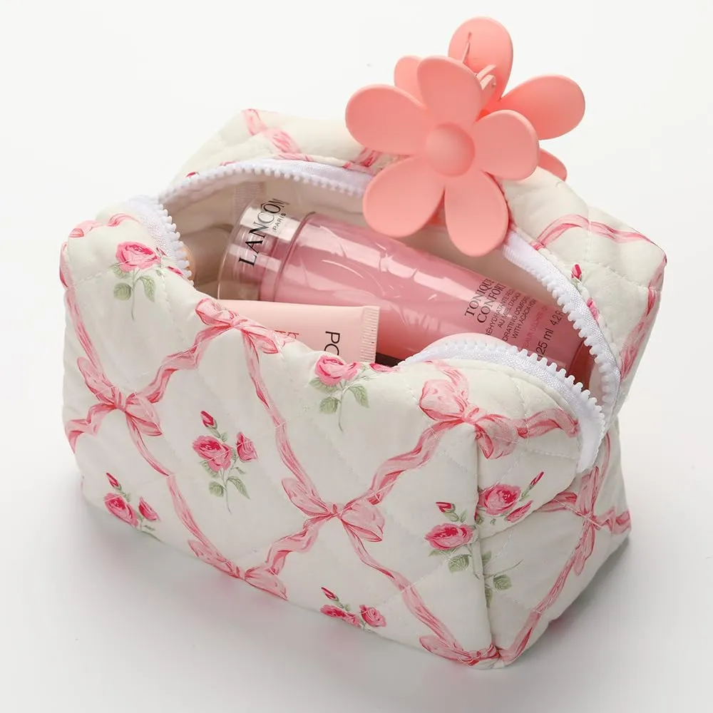 Quilted Makeup Bag Small Cotton Floral Cosmetic Makeup Bag Organizer, Aesthetic Portable Pouch Purse Toiletry Bag for Women Girls