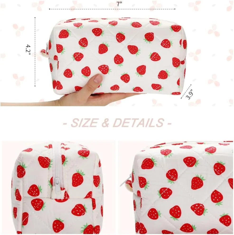 Quilted Makeup Bag Small Cotton Floral Cosmetic Makeup Bag Organizer, Aesthetic Portable Pouch Purse Toiletry Bag for Women Girls