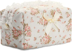Quilted Makeup Bag Small Cotton Floral Cosmetic Makeup Bag Organizer, Aesthetic Portable Pouch Purse Toiletry Bag for Women Girls